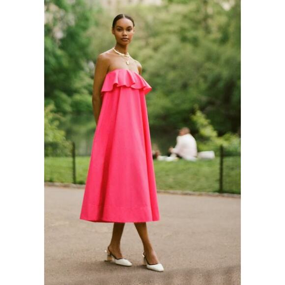 By Anthropologie Strapless Flounce A-Line Midi Dress Fuchsia Pink Women's Small - Picture 2 of 7